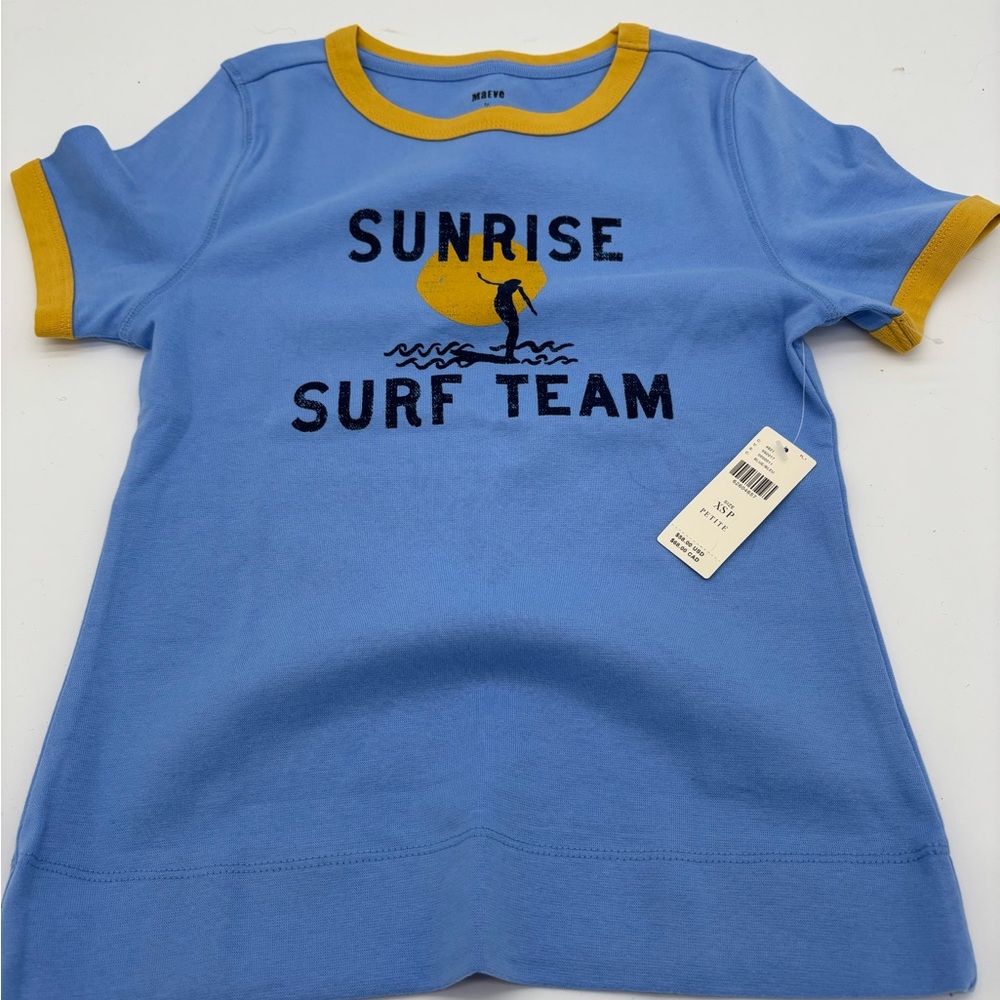 Maeve x Anthropologie Sunrise Surf Team Graphic Ringer T Shirt XSP Blue Pullover